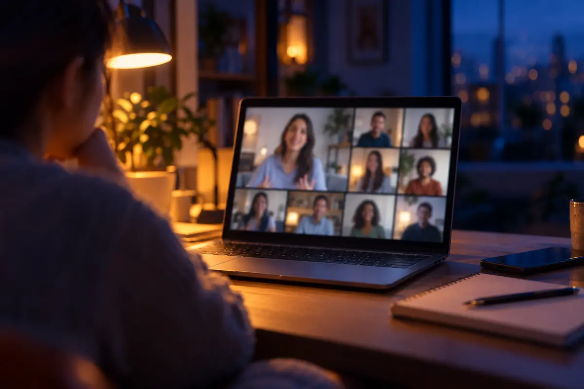 Student joining a live online 5-hour pre-licensing class on a laptop in the evening